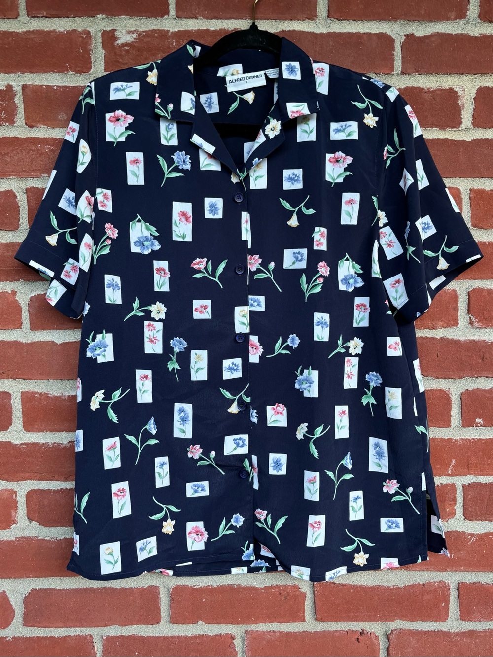 Alfred Dunner Navy Floral Short-Sleeve Button-Down Shirt with Multicolor Blooms